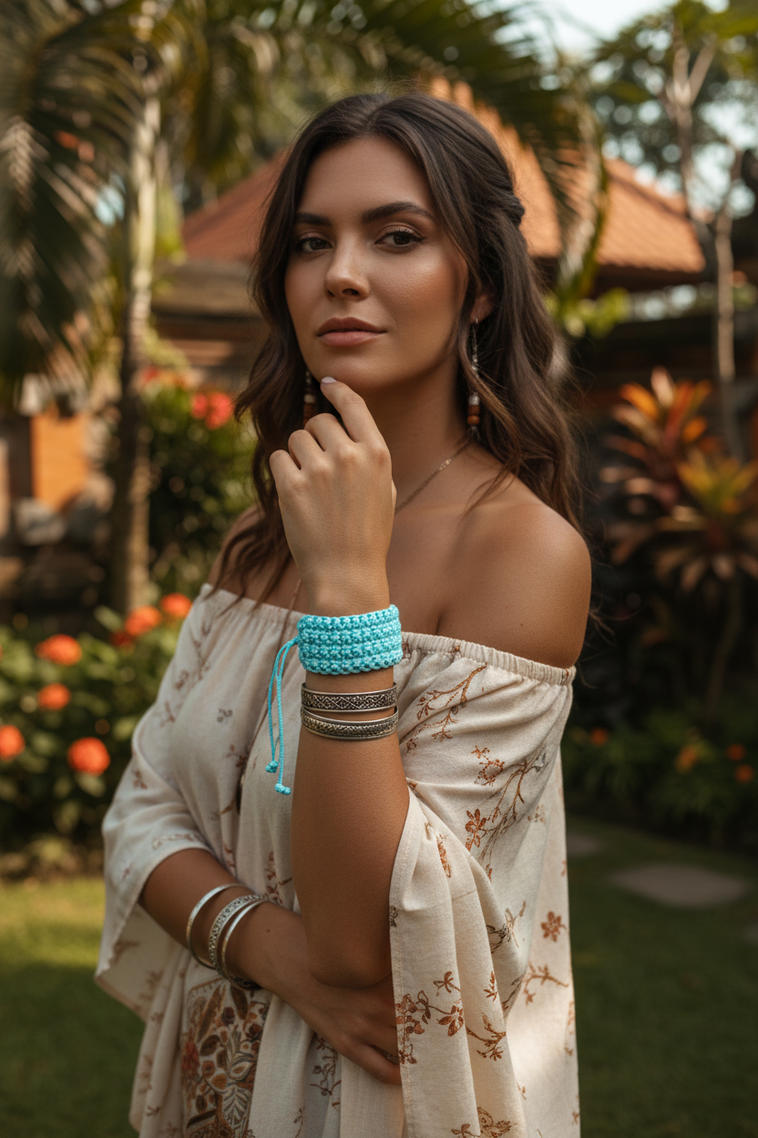 Femme en tenue bohème portant un bracelet en coton bleu turquoise fait main dans un jardin tropical.