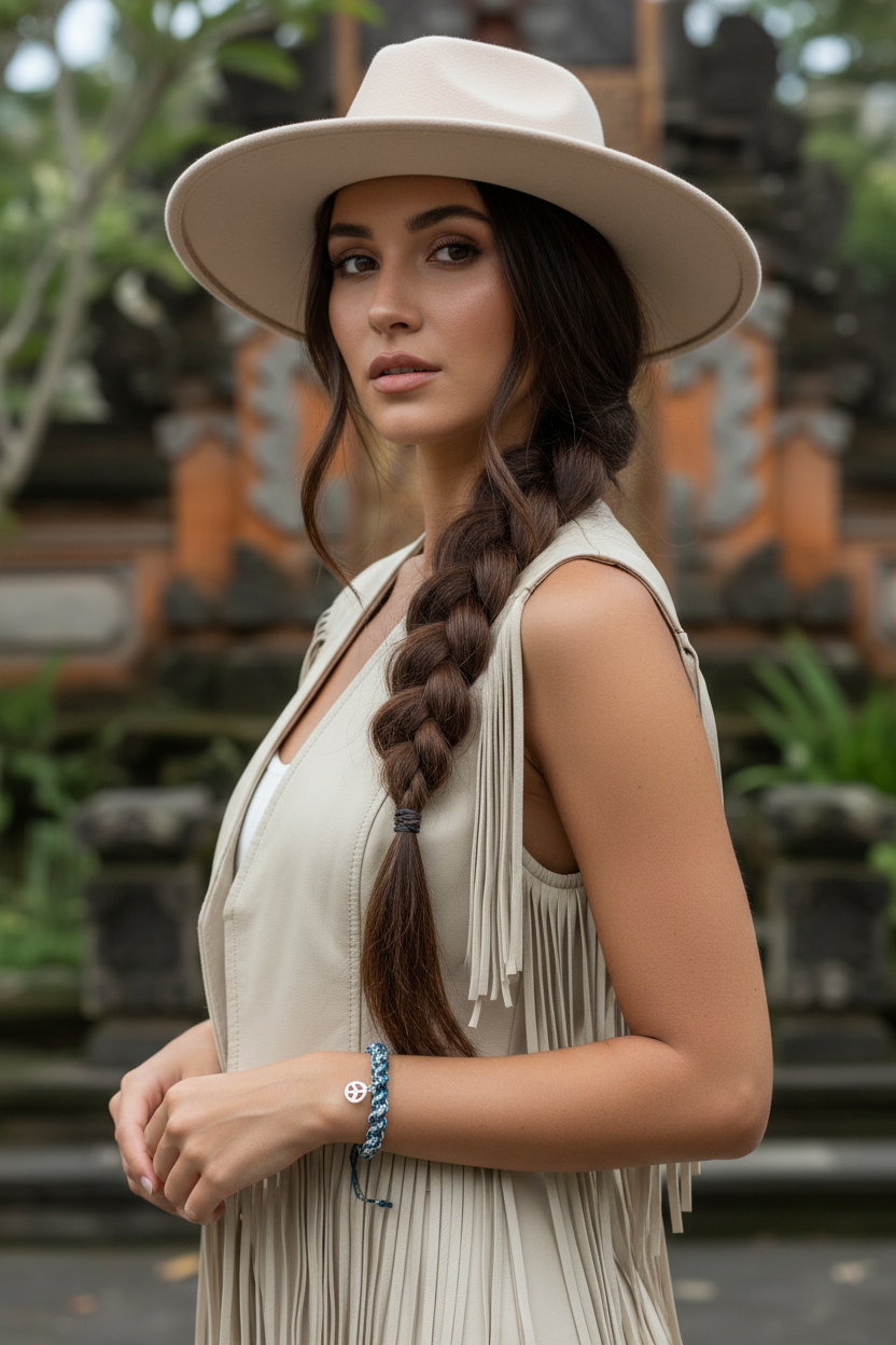 Look boheme avec chapeau beige et bracelet peace and love bleu au poignet Joyas by Jo