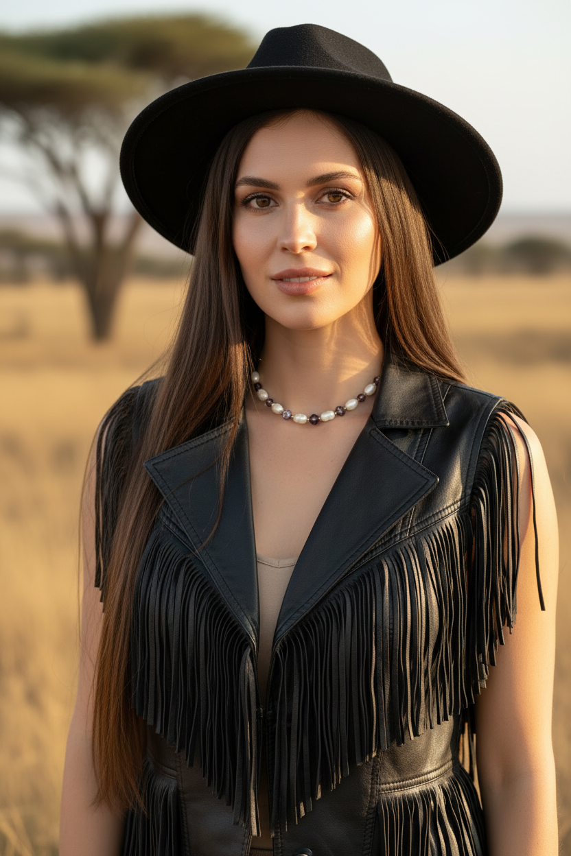 Gros plan du collier Joyas by Jo aux perles marron et nacrées porté par une femme en tenue bohème dans un paysage de savane au coucher du soleil.