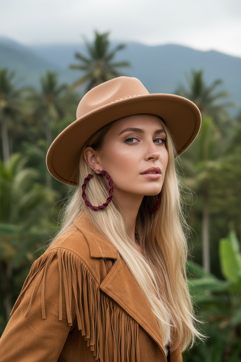 Femme portant les grandes créoles en macramé Joyas by Jo et une veste à franges marron dans un décor tropical.