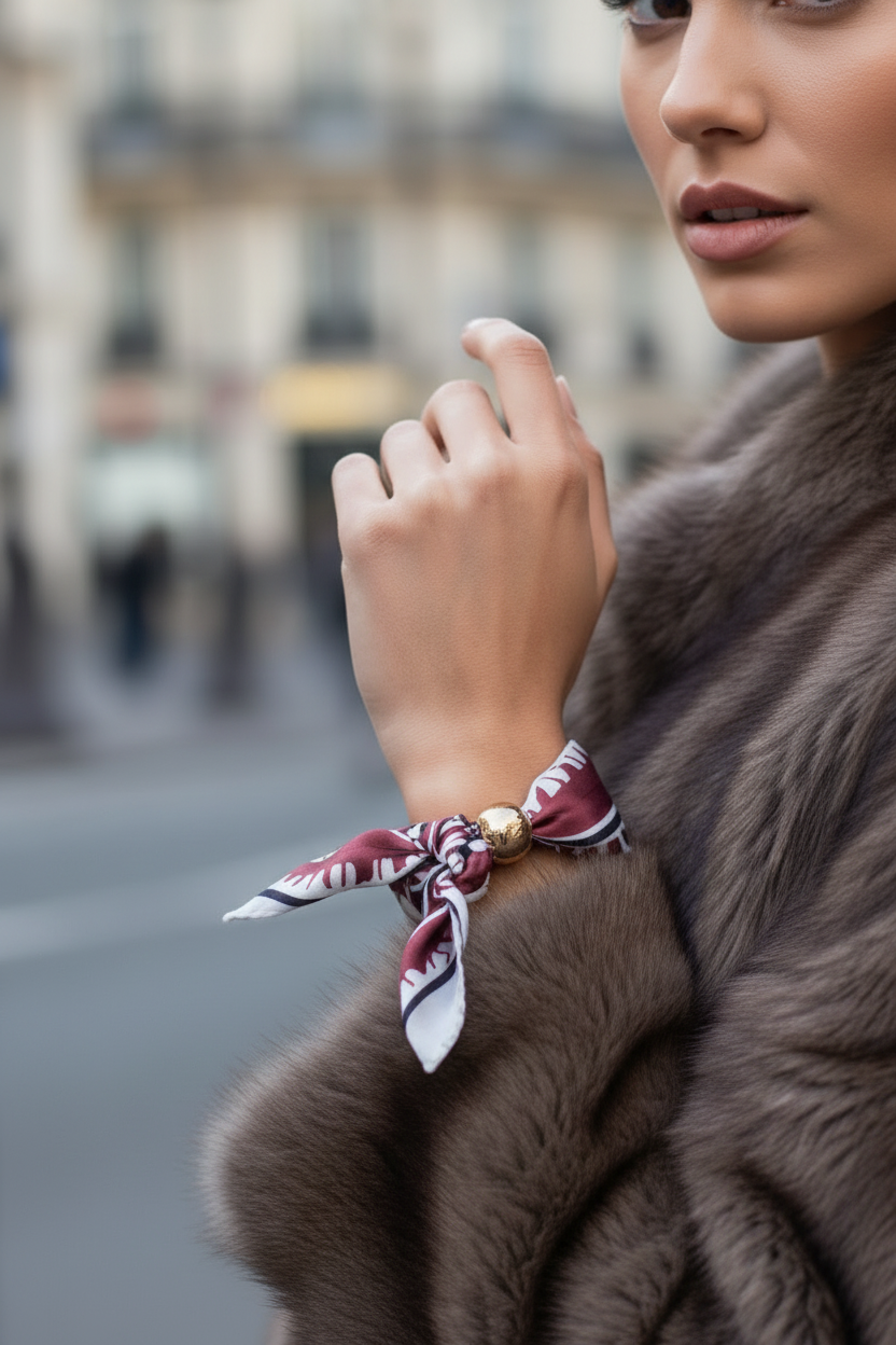 Détail du bracelet foulard Joyas by Jo noué avec style sur le poignet d'une femme portant une veste en fourrure.